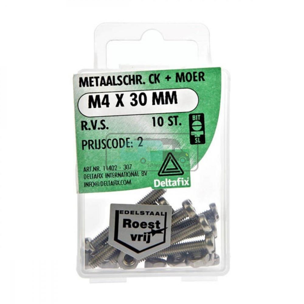 Metaalschroef + Moer CK RVS CK M4x30mm 10st