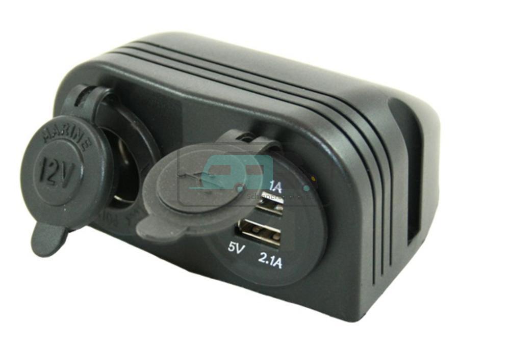 Power Line Contactdoos 12V + 2x USB Lader Opbouw Zwart